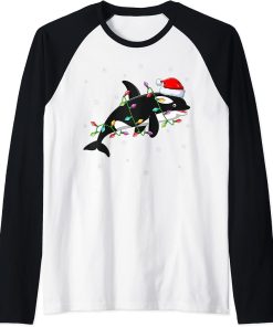 Orca Fish Xmas Lighting Reindeer Hat Orca Christmas Raglan Baseball Tee