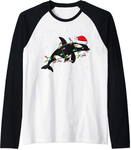 Orca Fish Xmas Lighting Reindeer Hat Orca Christmas Raglan Baseball Tee