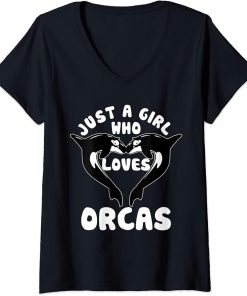 Womens Just A Girl Who Loves Orcas Killer Whales Sea Ocean V-Neck T-Shirt