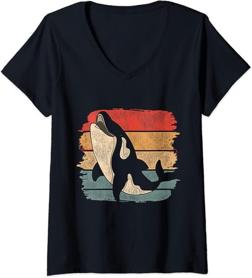 Womens Aquarist Orca Sea Animal Ocean Gift Retro Killer Whale V-Neck T-Shirt