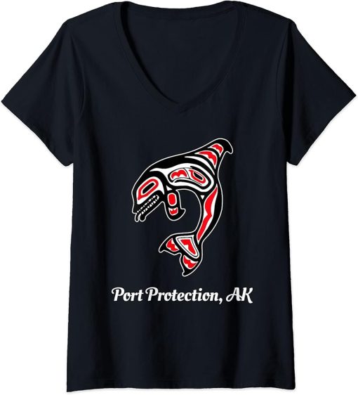 Womens Native American Port Protection AK Red Orca Killer Whale V-Neck T-Shirt